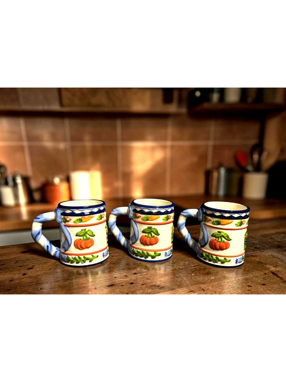 ZRIKE Mug Hand Painted Set Of 3 Coffee Tea Cup Cornucopia Embossed 4 1/2" H